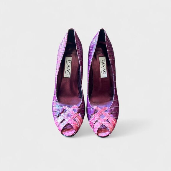 Vintage Isaac Mizrahi Vera Women’s Croc Peep Toe Heels Pink Faux Leather Sz 6 M - Picture 2 of 8